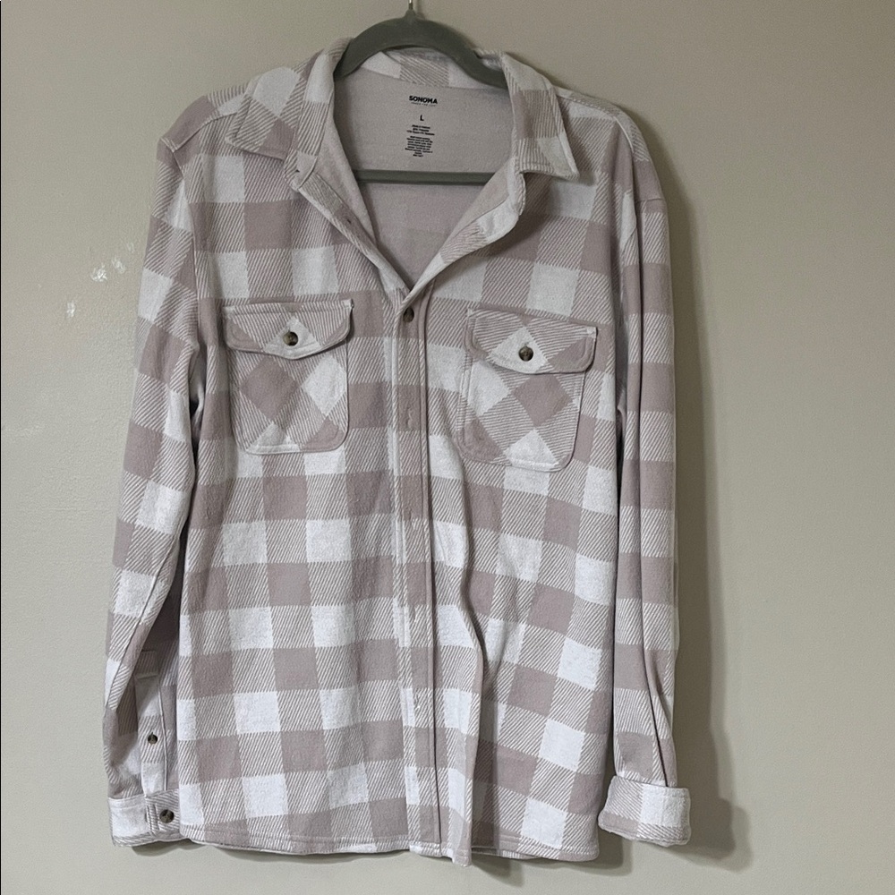 Sonoma Beige and White Plaid Button Down Shirt